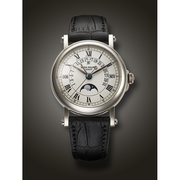 PATEK PHILIPPE, WHITE GOLD PERPETUAL CALENDAR WRISTWATCH, WITH RETROGRADE DATE, REF. 5059G-001