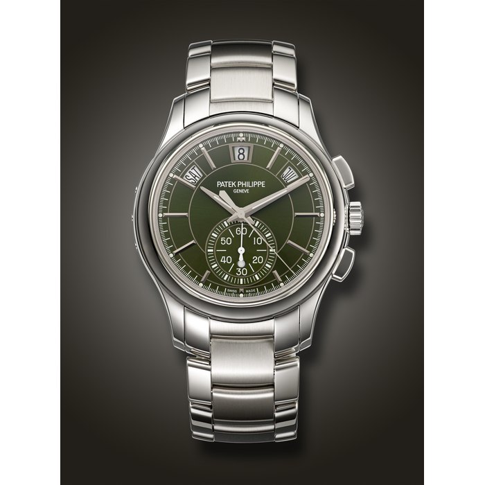 PATEK PHILIPPE, STAINLESS STEEL ANNUAL CALENDAR CHRONOGRAPH WRISTWATCH, WITH GREEN DIAL, REF. 5905/1A-001