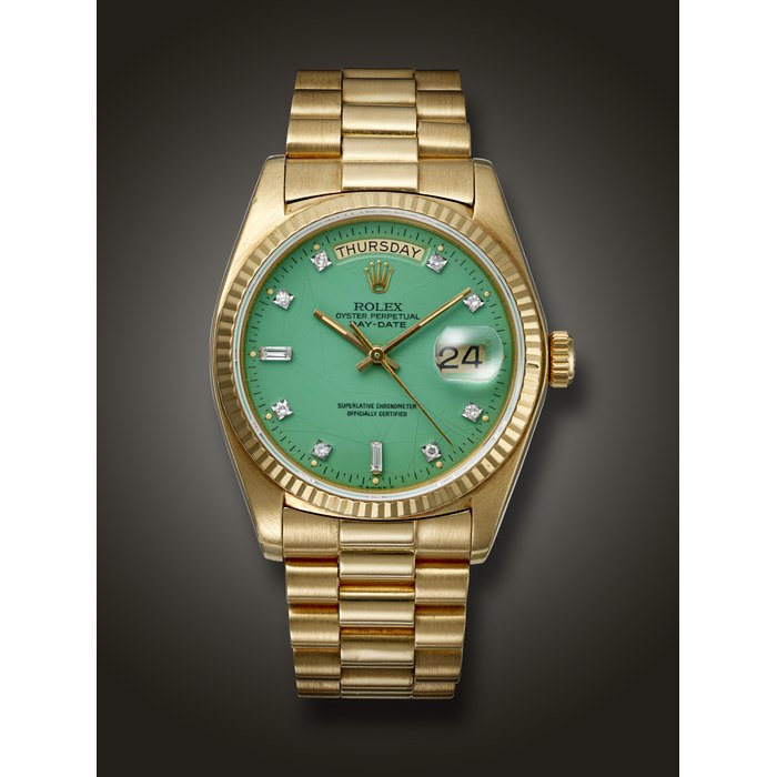ROLEX, YELLOW GOLD 'DAY-DATE', WITH 'SEAFOAM GREEN STELLA' DIAL, REF. 18038
