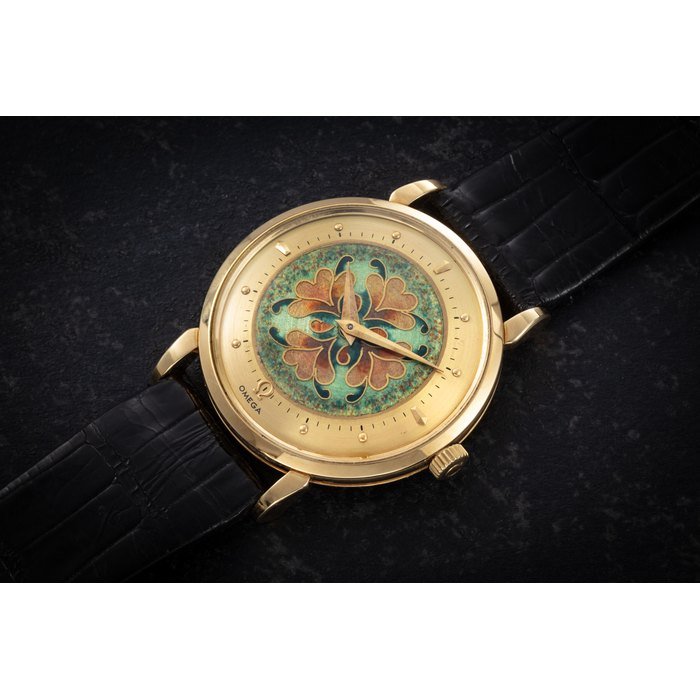 Omega OMEGA, REF. OT 2398, A FINE GOLD AUTOMATIC WRISTWATCH WITH CLOISONNÉ ENAMEL DIAL CASE NUMBER: 10’870’526