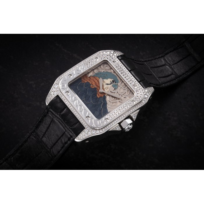 CARTIER SANTOS 100 FALCON D’ART, A LIMITED EDITION GOLD AND DIAMOND-SET AUTOMATIC WRISTWATCH WITH WOOD MARQUETRY DIAL CASE NUMBER: XX/30