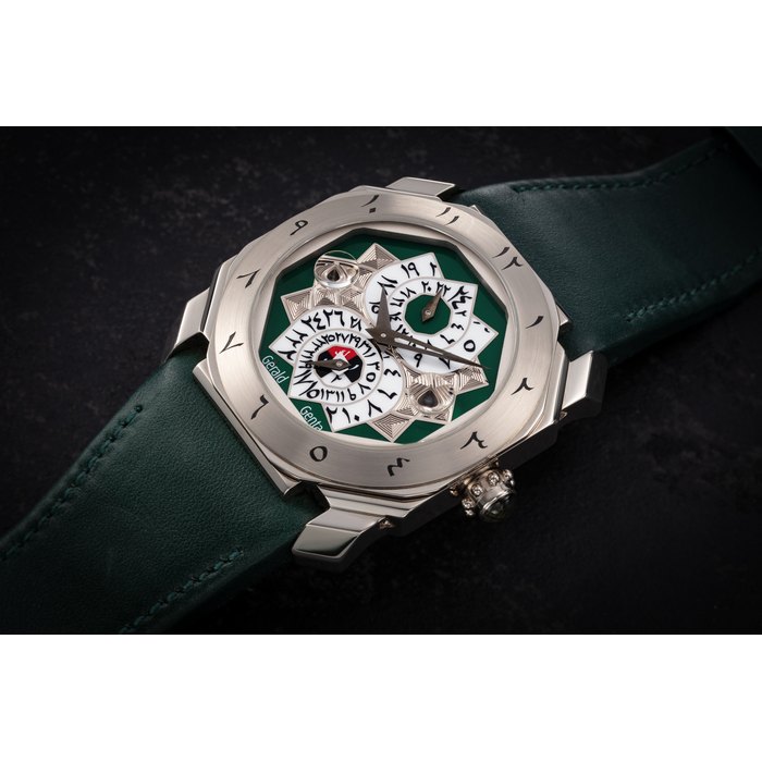 GERALD GENTA, OCTA MOSAIC, A RARE GOLD GMT PERPETUAL CALENDAR WRISTWATCH WITH ARABIC NUMERALS CASE NUMBER: 122746 – 37