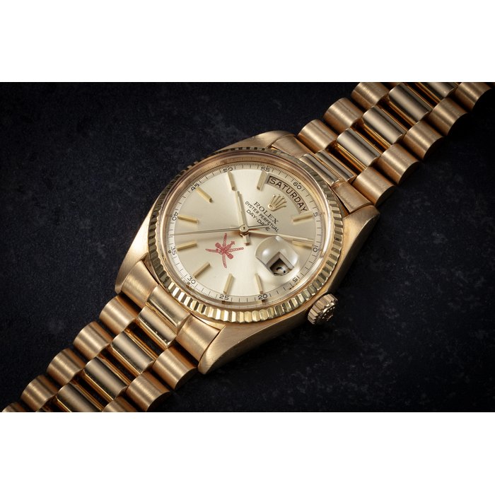 ROLEX, DAY-DATE REF. 1803 ‘KHANJAR’, A RARE AND IMPORTANT GOLD AUTOMATIC WRISTWATCH WITH NATIONAL EMBLEM OF OMAN ON THE DIAL AND RETAILED BY ASPREY CASE NUMBER: 3’554’137, MOVEMENT NUMBER: 656’221