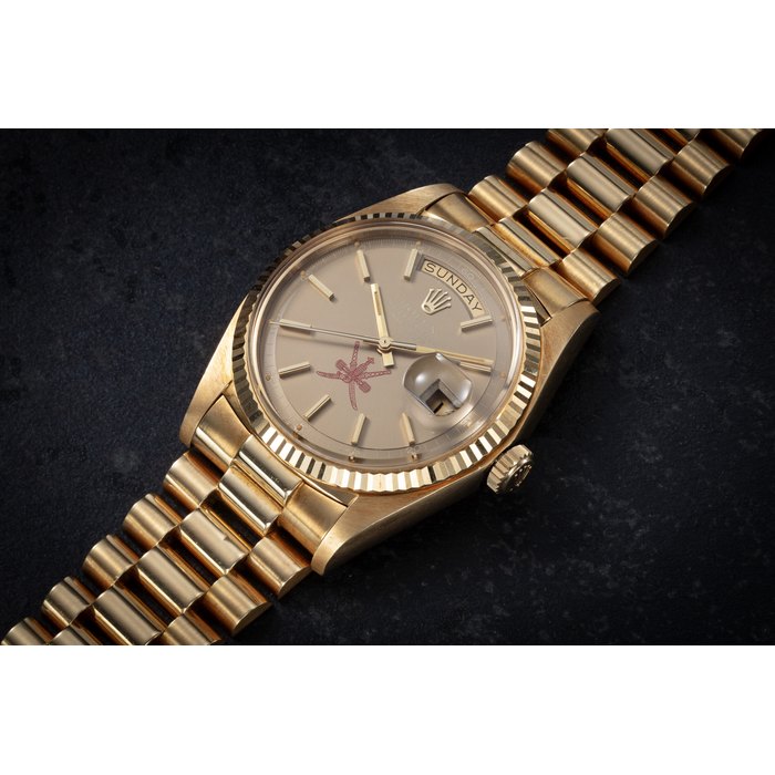 ROLEX, DAY-DATE REF. 1803, A RARE AND IMPORTANT GOLD AUTOMATIC WRISTWATCH WITH THE NATIONAL SYMBOL OF OMAN CASE NUMBNER: 3’744’341