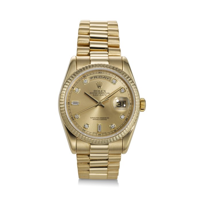 ROLEX, REF. 118238, DAY-DATE, AN 18K YELLOW GOLD WRISTWATCH WITH DAY, DATE, AND DIAMOND-SET DIAL