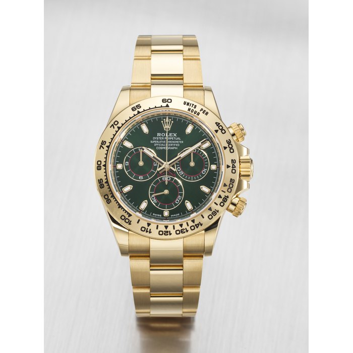 ROLEX. AN ATTRACTIVE AND COVETED 18K GOLD AUTOMATIC CHRONOGRAPH WRISTWATCH WITH BRACELET SIGNED ROLEX, DAYTONA MODEL, REF. 116508, CASE NO. 320316W3, CIRCA 2021