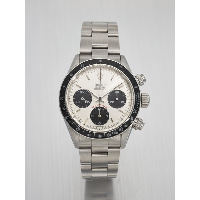 ROLEX. A RARE AND ATTRACTIVE STAINLESS STEEL CHRONOGRAPH WRISTWATCH WITH BRACELET SIGNED ROLEX, DAYTONA 'BIG RED' MODEL, REF. 6263, CASE NO. 7'426'118, CIRCA 1983
