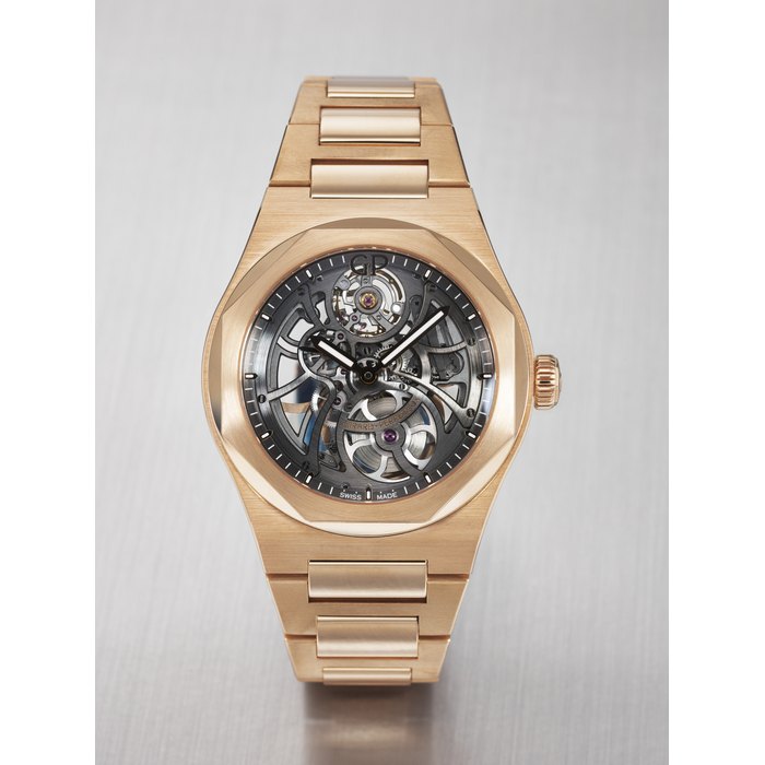 GIRARD-PERREGAUX. A RARE AND HIGHLY ATTRACTIVE 18K PINK GOLD AUTOMATIC SKELETONIZED WRISTWATCH WITH BRACELET SIGNED GIRARD-PERREGAUX, LAUREATO SKELETON MODEL, REF. 81015, CASE NO. 22'735, CIRCA 2023