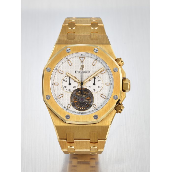 Audemars Piguet AUDEMARS PIGUET. A RARE AND HEAVY 18K GOLD TOURBILLON CHRONOGRAPH WRISTWATCH WITH BRACELET SIGNED AUDEMARS PIGUET, ROYAL OAK TOURBILLON CHRONOGRAPH MODEL, REF. 25977BA, CASE NO. F65189, CIRCA 2016, Price & Market Data