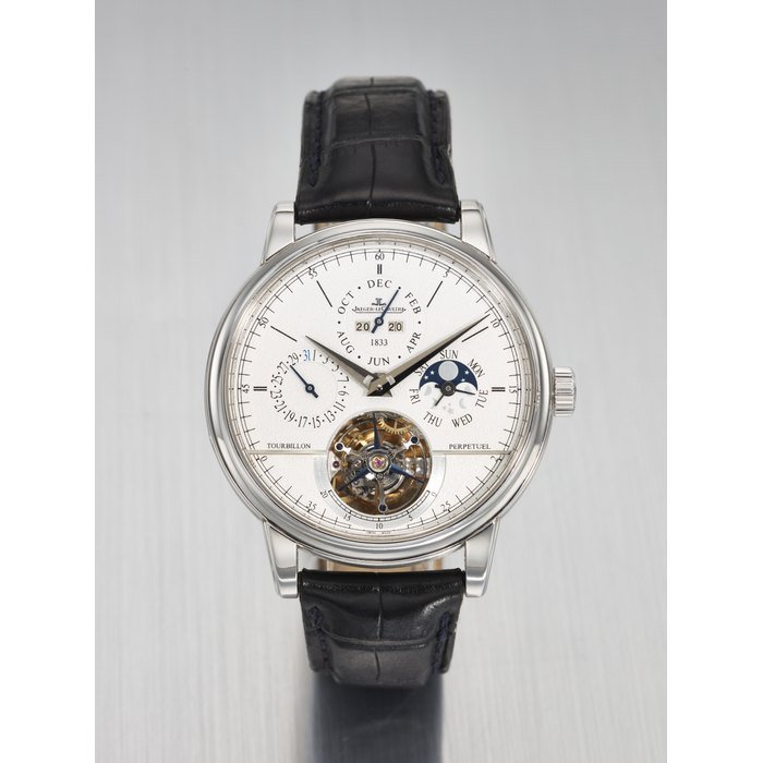 Jaeger-Lecoultre JAEGER-LECOULTRE. AN ATTRACTIVE AND ELEGANT PLATINUM AUTOMATIC PERPETUAL CALENDAR TOURBILLON WRISTWATCH WITH MOON PHASES AND YEAR INDICATION SIGNED JAEGER-LECOULTRE, MASTER GRANDE TRADITION CYLINDRIQUE À QUANTIEME PERPETUEL JUBILEE MODEL, REF. 186.6.20.S, CASE NO. 2'961'016, NO. 142/180, CIRCA 2013