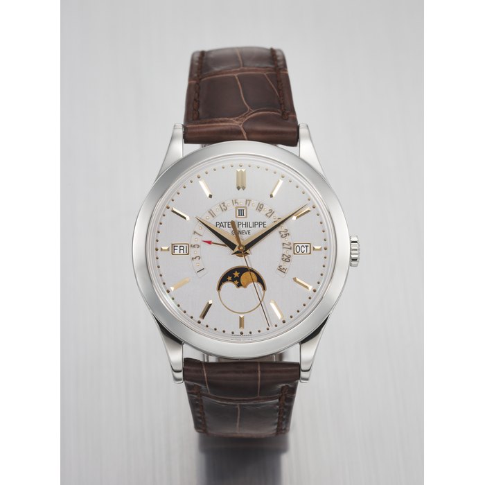 PATEK PHILIPPE. AN ATTRACTIVE PLATINUM AUTOMATIC PERPETUAL CALENDAR WRISTWATCH WITH SWEEP CENTRE SECONDS, RETROGRADE DATE, MOON PHASES AND LEAP YEAR INDICATION SIGNED PATEK PHILIPPE, GENEVE, REF. 5496P-001, MOVEMENT NO. 7'139'641, CASE NO. 6'229'663, CIRCA 2016