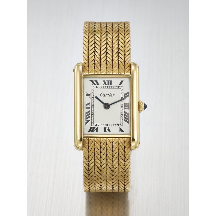 Cartier CARTIER. AN EXTREMELY RARE AND HIGHLY ATTRACTIVE 18K GOLD RECTANGULAR WRISTWATCH WITH BRACELET SIGNED CARTIER, LONDON, TANK LOUIS ‘ULTRA-THIN’ MODEL, NO. 9644, THE MOVEMENT SIGNED JAEGER-LECOULTRE, THE CASE AND BRACELET CLASP WITH MATCHING LONDON HALLMARKS FOR 1971