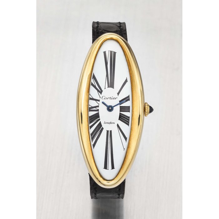 Cartier CARTIER. AN EXCEEDINGLY RARE AND HIGHLY ATTRACTIVE 18K GOLD LARGE CURVED WRISTWATCH WITH CARTIER LONDON DEPLOYANT CLASP SIGNED CARTIER, LONDON, BAIGNOIRE ALLONGÉE ‘MAXI OVAL’ MODEL, NO. 8900, THE MOVEMENT SIGNED JAEGER-LECOULTRE, THE CASE WITH LONDON HALLMARKS FOR 1968