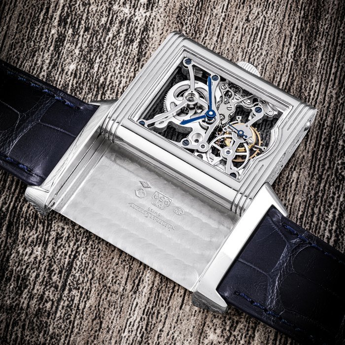 Jaeger-Lecoultre JAEGER-LECOULTRE. A RARE PLATINUM LIMITED EDITION REVERSIBLE SKELETONISED TOURBILLON WRISTWATCH REVERSO MODEL, REF. 270.6.48