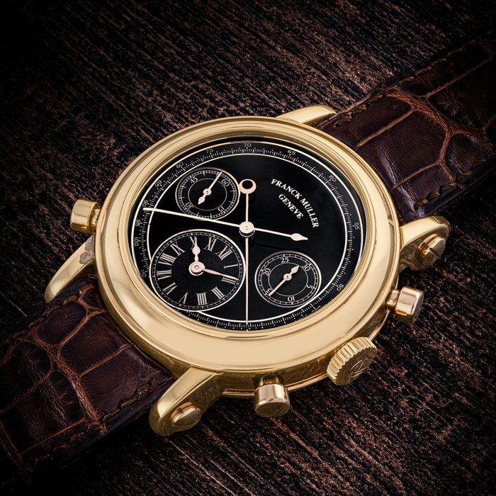 Franck Muller FRANCK MULLER. A RARE 18K PINK GOLD AUTOMATIC SPLIT-SECOND CHRONOGRAPH WRISTWATCH WITH DUAL DIALS REF.7000R.DF, CIRCA 1995, Price & Market Data
