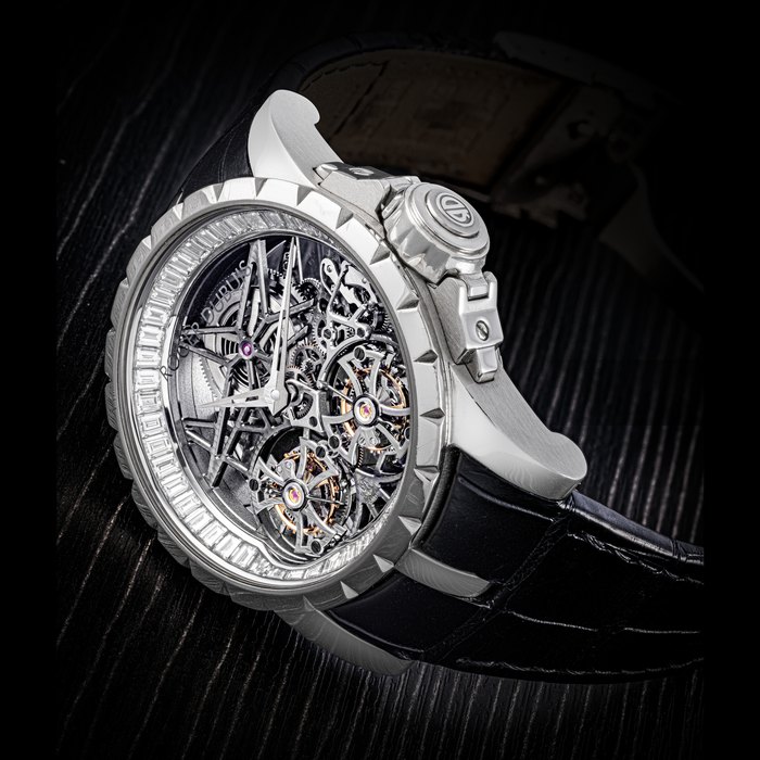 ROGER DUBUIS. A RARE 18K WHITE GOLD AND DIAMOND-SET LIMITED EDITION SKELETONISED DOUBLE TOURBILLION WRISTWATCH EXCALIBUR MODEL, REF.RDDBEX0252