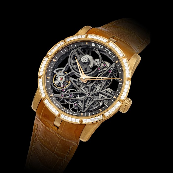 ROGER DUBUIS, PINK GOLD AND BAGUETTE CUT DIAMOND-SET EXCALIBUR CASE NO. 5049FV