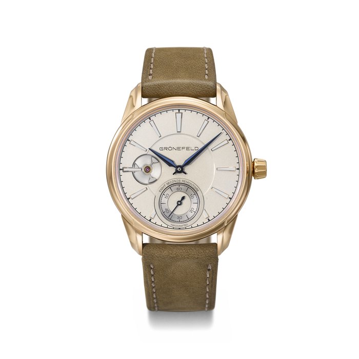 GRÖNEFELD. AN EXCEPTIONAL HANDCRAFTED 18K RED GOLD PROTOTYPE WRISTWATCH WITH 8-SECOND CONSTANT FORCE MECHANISM SIGNED GRÖNEFELD, 1941 EIGHT SECONDS REMONTOIRE MODEL, MOVEMENT NO. 0/188, CASE NO. 92028, CIRCA 2017