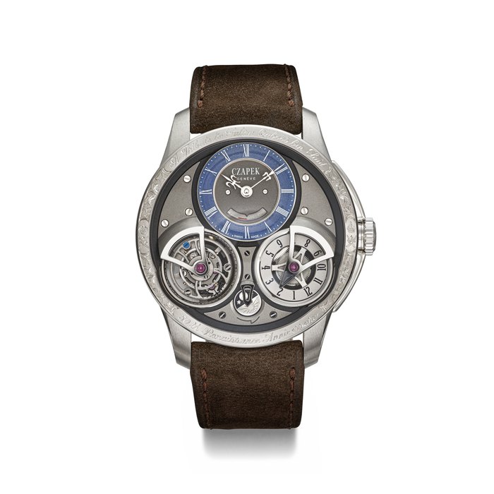 CZAPEK. A UNIQUE AND EXTREMELY ATTRACTIVE PLATINUM DUAL TIME TOURBILLON WRISTWATCH WITH DAY/NIGHT INDICATOR AND POWER RESERVE, MADE AS A TRIBUTE TO SULTAN QABOOS BIN SAID TO COMEMMORATE THE 50TH ANNIVERSARY OF THE OMANI RENAISSANCE SIGNED CZAPEK, GENEVE, PLACE VENDOME TOURBILLON SUSPENDU ‘ICI ET AILLEURS’ MODEL, PIECE UNIQUE, NO.1/1, CASE NO. 12582, CIRCA 2020