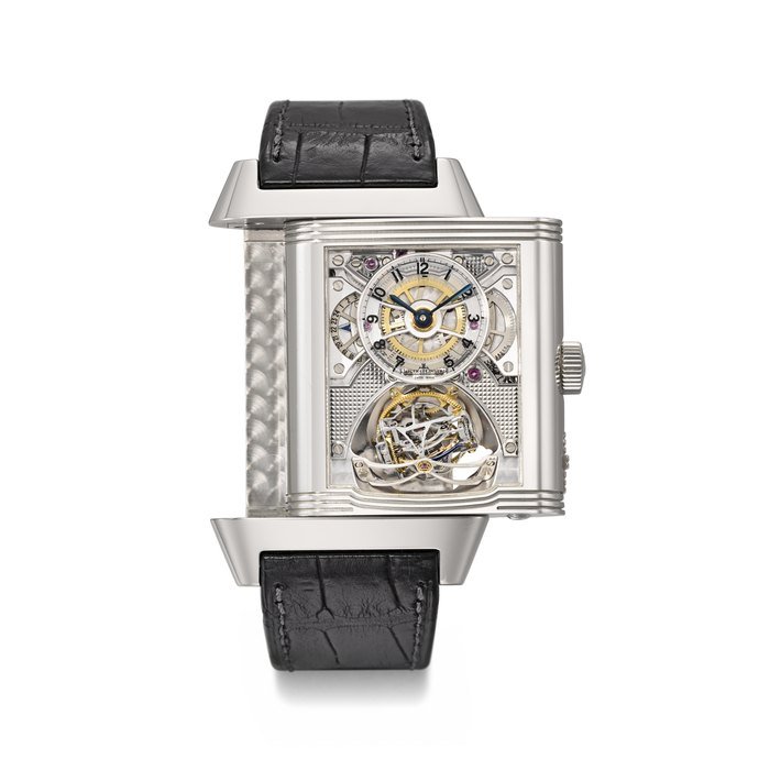 Jaeger-Lecoultre JAEGER-LECOULTRE. A VERY RARE AND IMPRESSIVE PLATINUM LIMITED EDITION SEMI-SKELETONIZED SPHERICAL TOURBILLON WRISTWATCH WITH 24 HOUR DISPLAY AND POWER RESERVE SIGNED JAEGER-LECOULTRE, REVERSO GYROTOURBILLON 2 MODEL, NO. 39/75, CIRCA 2008