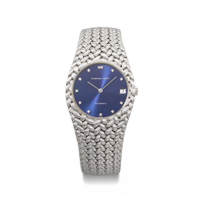 AUDEMARS PIGUET . AN EXTREMELY RARE 18K WHITE GOLD AND DIAMOND-SET AUTOMATIC WRISTWATCH WITH D ATE , BRACELET AND A PAIR OF 18K WHITE GOLD CUFFLINKS EN SUITE SIGNED AUDEMARS PIGUET, REF. 5403-341, CASE NO. D 43261, CIRCA 1980