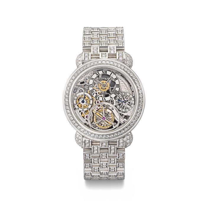 Audemars Piguet AUDEMARS PIGUET. AN EXTREMELY RARE AND OUTSTANDING PLATINUM AND DIAMOND-SET AUTOMATIC SKELETONIZED TOURBILLON WRISTWATCH WITH DATE, POWER RESERVE INDICATION AND BRACELET SIGNED AUDEMARS PIGUET, TOURBILLON AUTOMATIC, NO. 2, REF. 25803PT, CASE NO. D71964, CIRCA 2000, Price & Market Data