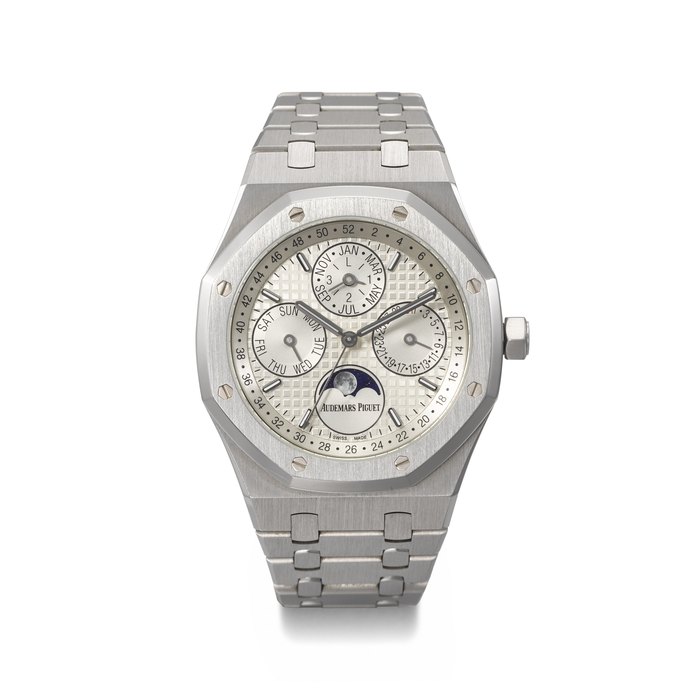AUDEMARS PIGUET. A COVETED STAINLESS STEEL AUTOMATIC PERPETUAL CALENDAR WRISTWATCH WITH MOON PHASES, LEAP YEAR, NUMBER OF THE WEEK INDICATION AND BRACELET SIGNED AUDEMARS PIGUET, ROYAL OAK QUANTIEME PERPETUEL MODEL, REF. 26574ST, NO. 045, CIRCA 2016