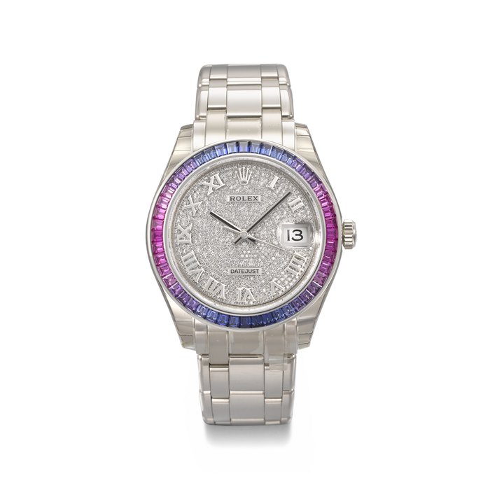 ROLEX. A RARE AND HIGHLY ATTRACTIVE 18K WHITE GOLD, DIAMOND AND MULTI-COLOURED SAPPHIRE-SET AUTOMATIC WRISTWATCH WITH SWEEP CENTRE SECONDS, DAT E AND BRACELET SIGNED ROLEX, DATEJUST, PEARLMASTER MODEL, REF. 86349SAFUBL, CASE NO. 8L08P361, CIRCA 2019