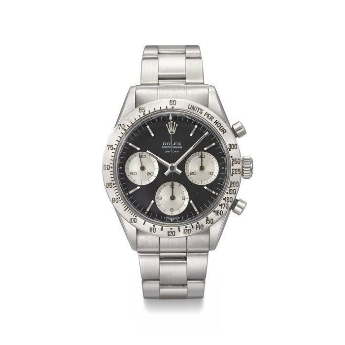 Rolex ROLEX. A VERY RARE STAINLESS STEEL CHRONOGRAPH WRISTWATCH WITH SMALL 'FLOATING DAYTONA' DIAL AND BRACELET SIGNED ROLEX, DAYTONA MODEL, REF. 6239, CASE NO. 1'597'683, CIRCA 1967 · 6239