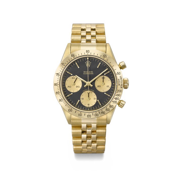 Rolex ROLEX. AN EXTREMELY RARE AND SOUGHT-AFTER 18K GOLD CHRONOGRAPH WRISTWATCH WITH BRACELET SIGNED ROLEX, DAYTONA MODEL, REF. 6239, CASE NO. 1'938'087, CIRCA 1969 · 6239