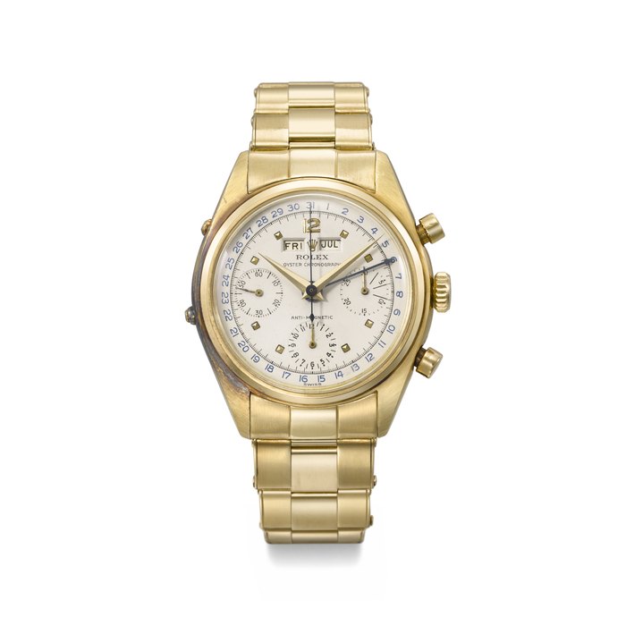 ROLEX. A N EX CEEDINGLY RARE AND WELL PRESERVED 18K GOLD TRIPLE CALENDAR CHRONOGRAPH WRISTWATCH, MADE FOR THE ENGLISH MARKET SIGNED ROLEX, DATO-COMPAX 'JEAN CLAUDE KILLY', MODEL, REF. 6036, CASE NO. 685'525, CIRCA 1950