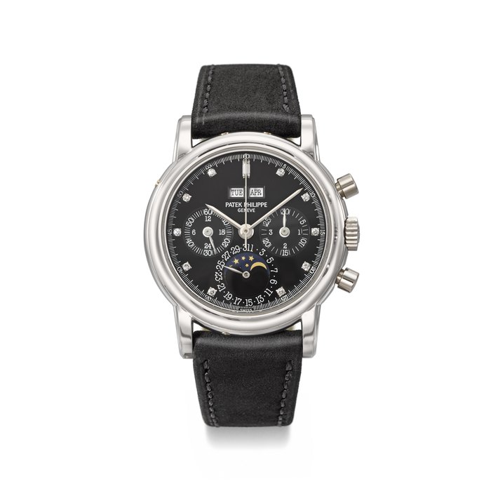 PATEK PHILIPPE. A VERY RARE AND ELEGANT PLATINUM AND DIAMOND-SET PERPETUAL CALENDAR CHRONOGRAPH WRISTWATCH WITH MOON PHASES, 24 HOUR INDICATION AND LEAP YEAR INDICATION SIGNED PATEK PHILIPPE, GENEVE, REF. 3970EP, MOVEMENT NO. 876'650, CASE NO. 2'934'761, MANUFACTURED IN 1993