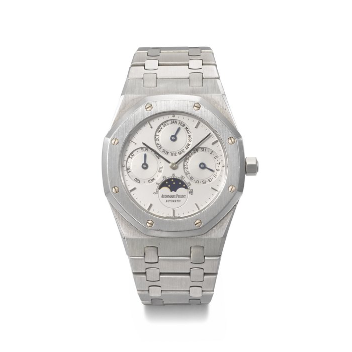 AUDEMARS PIGUET. A VERY RARE STAINLESS STEEL AUTOMATIC PERPETUAL CALENDAR WRISTWATCH WITH MOON PHASES AND BRACELET SIGNED AUDEMARS PIGUET, ROYAL OAK QUANTIEME PERPETUEL MODEL, REF. 25654ST, NO. 183, CIRCA 1987