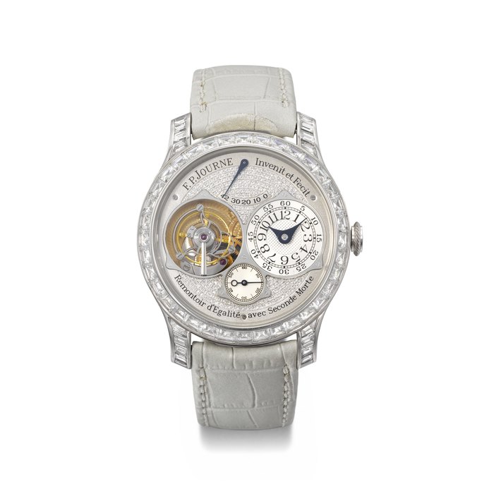 F.P. JOURNE. A MAGNIFICENT AND INCREDIBLY RARE PLATINUM AND DIAMOND-SET TOURBILLON WRISTWATCH WITH POWER RESERVE AND REMONTOIR D’EGALITE WITH DEAD BEAT SECONDS SIGNED F.P. JOURNE, TOURBILLON SOUVERAIN REMONTOIR D'EGALITE AVEC SECONDE MORTE MODEL, REF. TJ, NO. 015-TJ, CIRCA 2010
