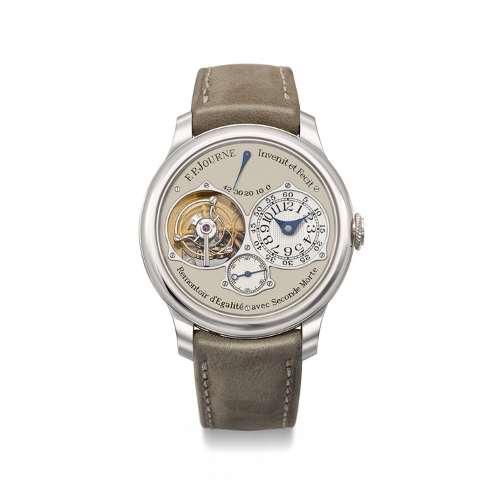 F.P. JOURNE. A RARE AND COVETED PLATINUM TOURBILLON WRISTWATCH WITH POWER RESERVE AND DEAD BEAT SECONDS SIGNED F.P. JOURNE, TOURBILLON SOUVERAIN MODEL, NO. 709-TN, CIRCA 2019