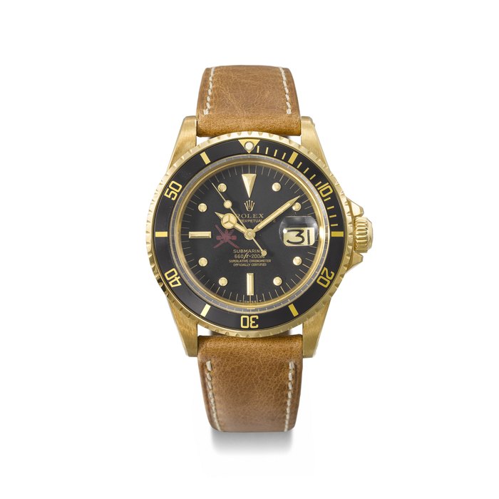ROLEX. AN EXTREMELY RARE AND IMPORTANT 18K GOLD AUTOMATIC WRISTWATCH WITH SWEEP CENTRE SECONDS AND DATE , MADE FOR THE SULTANATE OF OMAN SIGNED ROLEX, SUBMARINER MODEL, REF. 1680, CASE NO. 5’042’277, CIRCA 1978