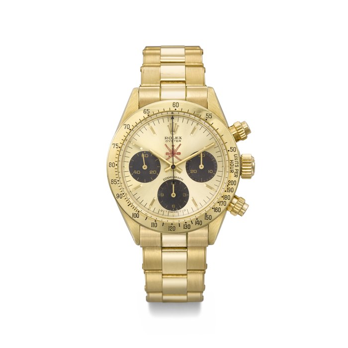 ROLEX. AN EXCESSIVELY RARE AND IMPORTANT 18K GOLD CHRONOGRAPH WRISTWATCH WITH BRACELET, MADE FOR THE SULTANATE OF OMAN SIGNED ROLEX, DAYTONA MODEL, RETAILED BY ASPREY, REF. 6265, CASE NO. 3'752'034, CIRCA 1974