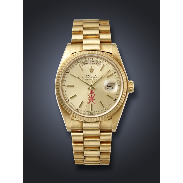 ROLEX, YELLOW GOLD 'DAY-DATE', WITH RED KHANJAR SYMBOL, REF. 18038