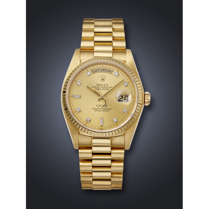 ROLEX, RARE YELLOW GOLD AND DIAMOND-SET 'DAY-DATE', WITH QABOOS SIGNATURE, REF. 18038