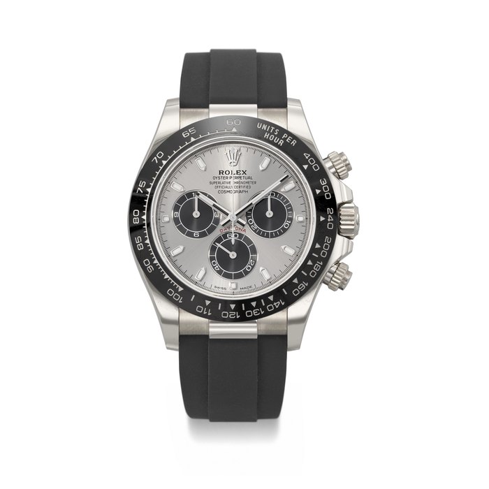 ROLEX. AN ATTRACTIVE AND SPORTY 18K WHITE GOLD AUTOMATIC CHRONOGRAPH WRISTWATCH SIGNED ROLEX, DAYTONA MODEL, REF. 116519LN, CASE NO. L398F630, CIRCA 2020
