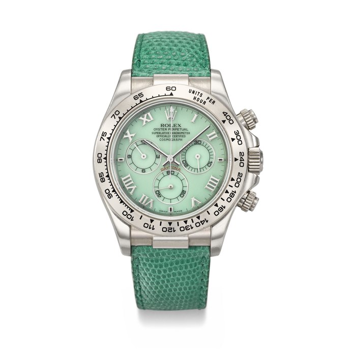 ROLEX. A RARE AND VIBRANT 18K WHITE GOLD AUTOMATIC CHRONOGRAPH WRISTWATCH WITH GREEN CHRYSOPRASE DIAL SIGNED ROLEX, DAYTONA 'BEACH' MODEL, REF. 116519, CASE NO. K165154, CIRCA 2000