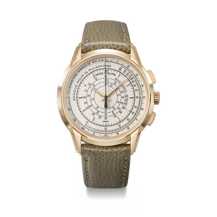 PATEK PHILIPPE. A RARE 18K PINK GOLD LIMITED EDITION AUTOMATIC MULTI-SCALE CHRONOGRAPH WRISTWATCH, MADE TO COMMEMORATE THE 175TH ANNIVERSARY OF PATEK PHILIPPE IN 2014 SIGNED PATEK PHILIPPE, REF. 5975R-001, MOVEMENT NO. 5'806'669, CASE NO. 4'685'547, CIRCA 2014