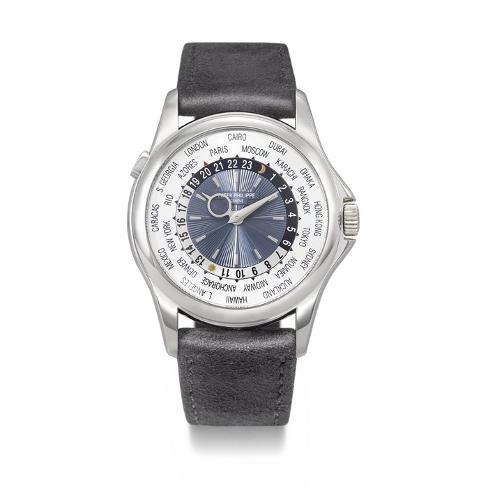 PATEK PHILIPPE. A RARE AND ATTRACTIVE PLATINUM AUTOMATIC WORLD TIME WRISTWATCH SIGNED PATEK PHILIPPE, REF. 5130P-001, MOVEMENT NO. 3'640'585, CASE NO. 4'426'975, CIRCA 2008