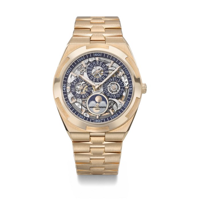 VACHERON CONSTANTIN. A RARE AND HIGHLY ATTRACTIVE 18K PINK GOLD AUTOMATIC SKELETONIZED PERPETUAL CALENDAR WRISTWATCH WITH MOON PHASES, LEAP YEAR INDICATION AND BRACELET SIGNED VACHERON CONSTANTIN, OVERSEAS PERPETUAL CALENDAR ULTRA-THIN SKELETON MODEL, REF. 4300V/120R, CIRCA 2023