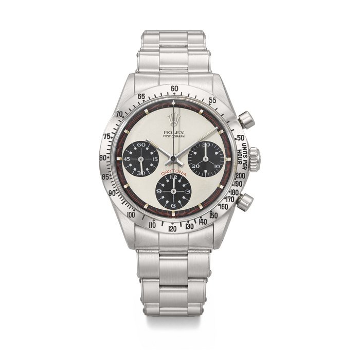 Rolex ROLEX. A VERY RARE AND ATTRACTIVE STAINLESS STEEL CHRONOGRAPH WRISTWATCH WITH 'PAUL NEWMAN' DIAL AND BRACELET SIGNED ROLEX, DAYTONA 'PAUL NEWMAN' MODEL, REF. 6239, CASE NO. 1'998'830, CIRCA 1969 · 6239
