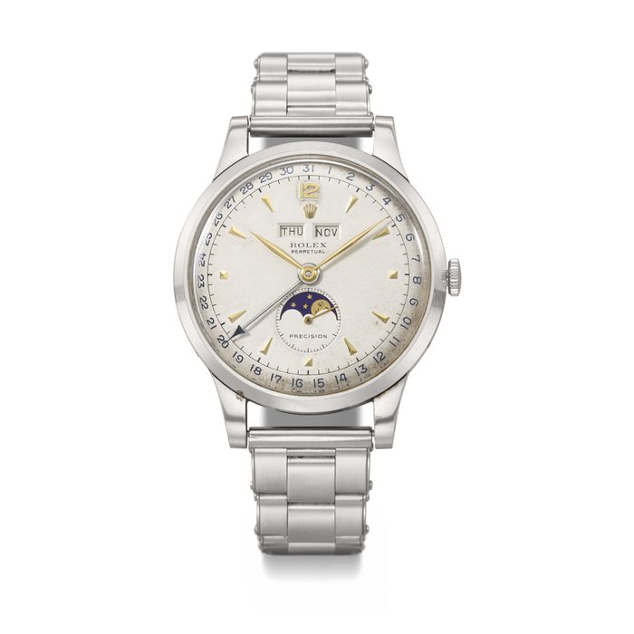ROLEX. A VERY RARE AND HIGHLY ATTRACTIVE STAINLESS STEEL AUTOMATIC TRIPLE CALENDAR WRISTWATCH WITH MOON PHASES SIGNED ROLEX, REF. 8171, CASE NO. 686'254, CIRCA 1949