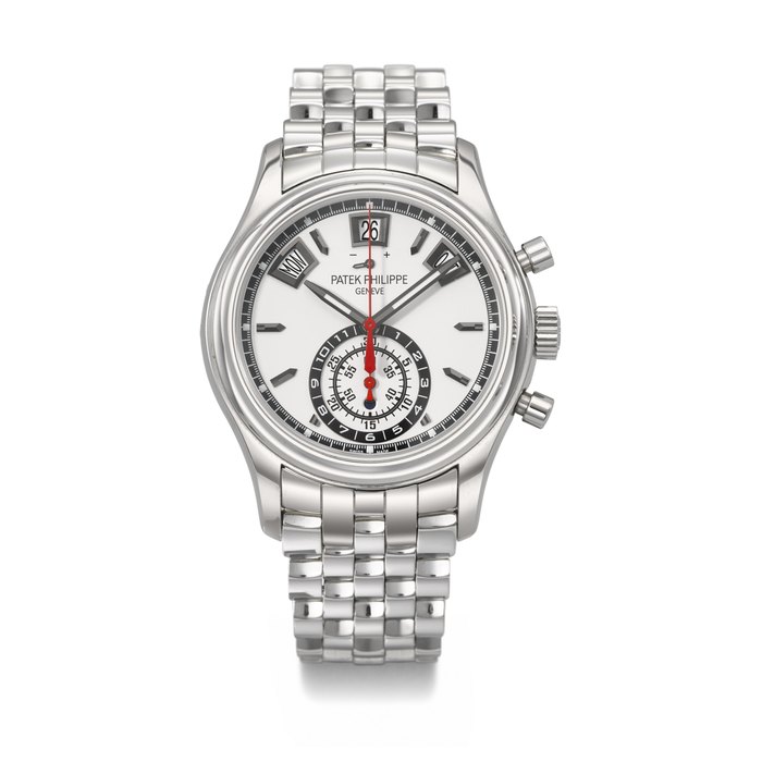 PATEK PHILIPPE. AN ATTRACTIVE STAINLESS STEEL AUTOMATIC ANNUAL CALENDAR FLYBACK CHRONOGRAPH WRISTWATCH WITH POWER RESERVE, DAY/NIGHT INDICATOR AND BRACELET SIGNED PATEK PHILIPPE, REF. 5960/1A-001, MOVEMENT NO. 5'846'078, CASE NO. 6'033'183, CIRCA 2016
