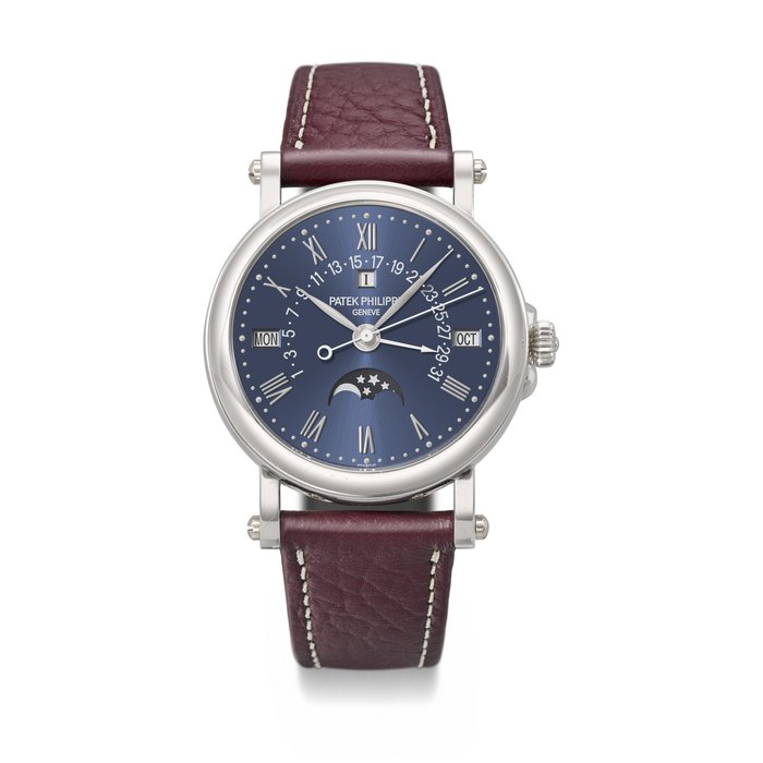 PATEK PHILIPPE. THE ONLY KNOWN AND HIGHLY ATTRACTIVE PLATINUM AUTOMATIC PERPETUAL CALENDAR WRISTWATCH WITH SWEEP CENTRE SECONDS, RETROGRADE DATE, MOON PHASES, LEAP YEAR INDICATION AND BLUE DIAL SIGNED PATEK PHILIPPE, REF. 5059P-018, MOVEMENT NO. 5'742'860, CASE NO. 4'353'919, CIRCA 2015