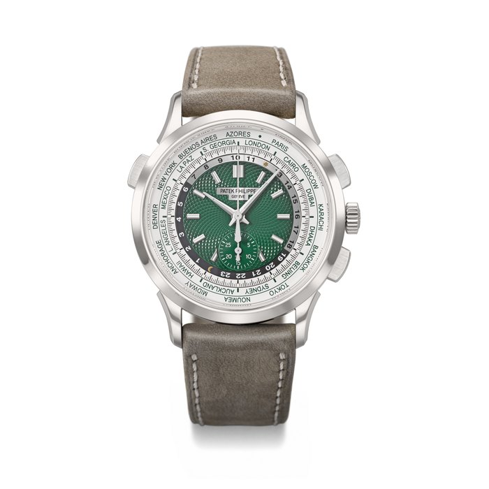 PATEK PHILIPPE. A RARE AND VIBRANT PLATINUM AUTOMATIC FLYBACK CHRONOGRAPH WORLD TIME WRISTWATCH SIGNED PATEK PHILIPPE, REF. 5930P-001, CIRCA 2021