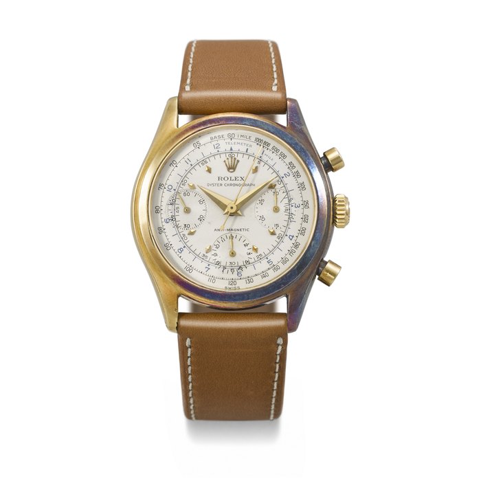ROLEX. A N EX CEEDINGLY RARE AND WELL PRESERVED 18K GOLD ANTI-MAGNETIC CHRONOGRAPH WRISTWATCH WITH MULTISCALE DIAL SIGNED ROLEX, OYSTER CHRONOGRAPH, ANTI-MAGNETIC, REF. 6034, CASE NO. 847'636, CIRCA 1952